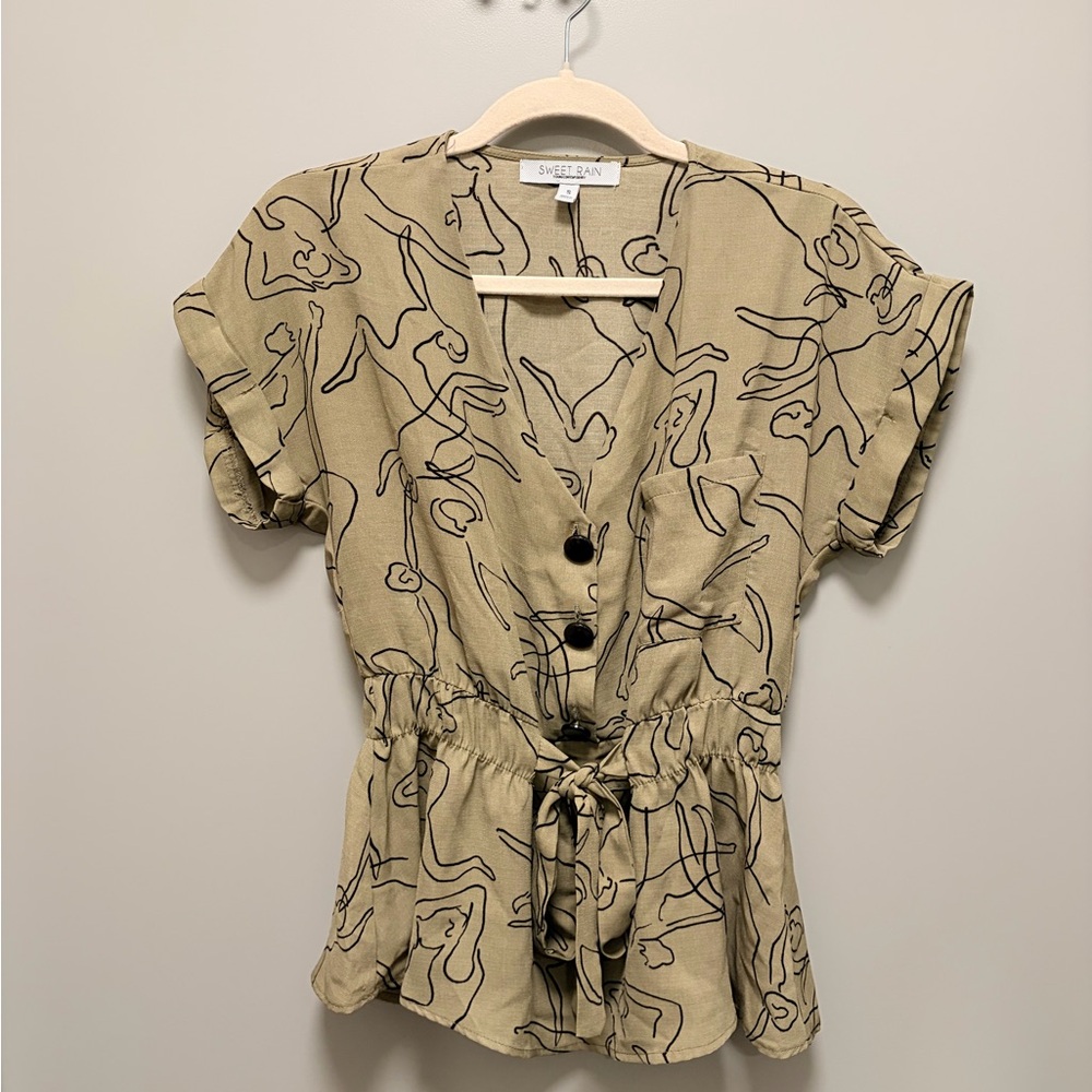 Sweet Rain Olive Drawstring V-Neck Blouse with Black Abstract Lines